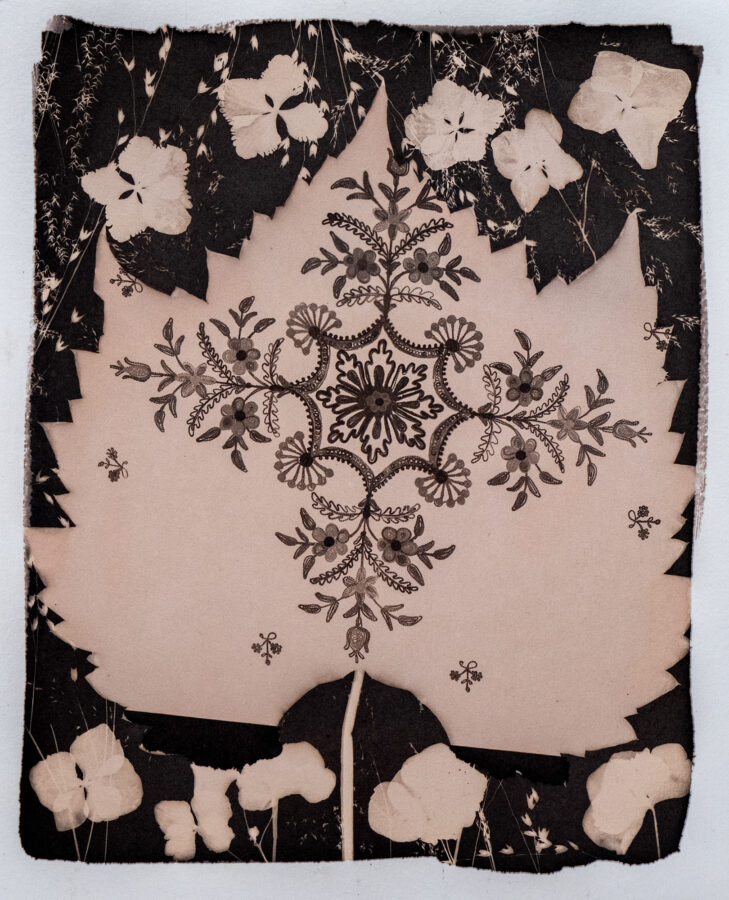 CAMERA-LESS DOUBLE EXPOSED, SILVER-IRON PRINT WITH WATERCOLOR, 8"X10"